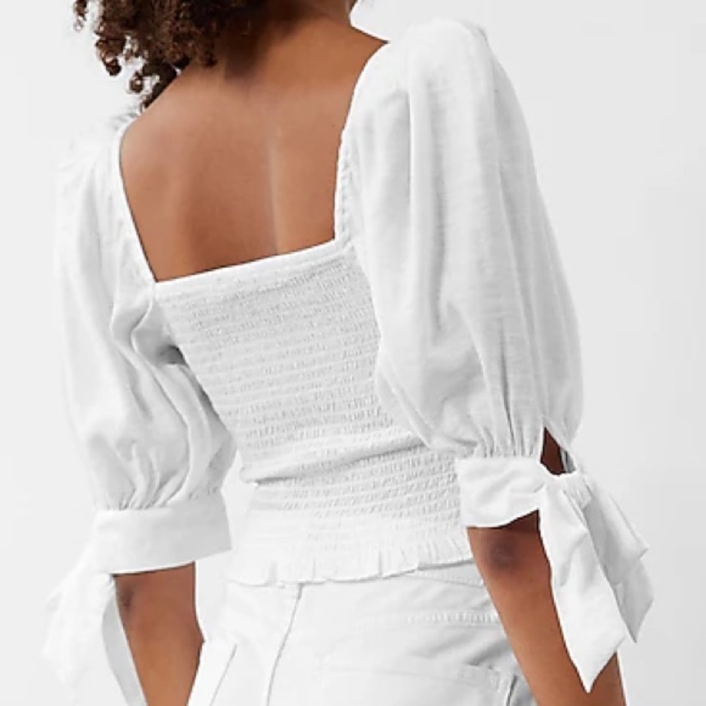 Express puff sleeve bow tie white stretch cropped viscose  top - Picture 2 of 6